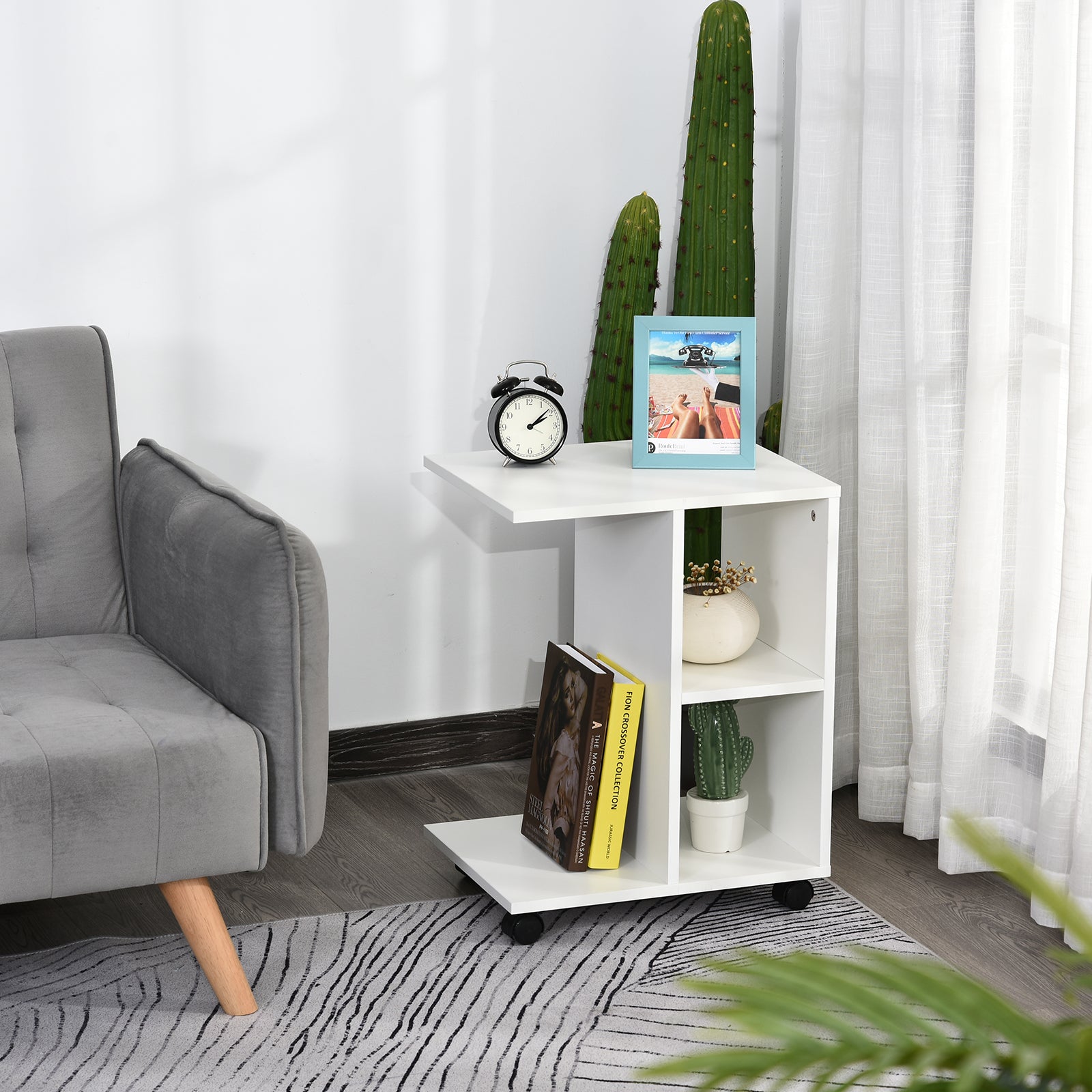 HOMCOM C-Shape End Table Unique Storage Unit w/ 2 Shelves 4 Wheels Freestanding Home Office Furniture Cabinet Square Studio White