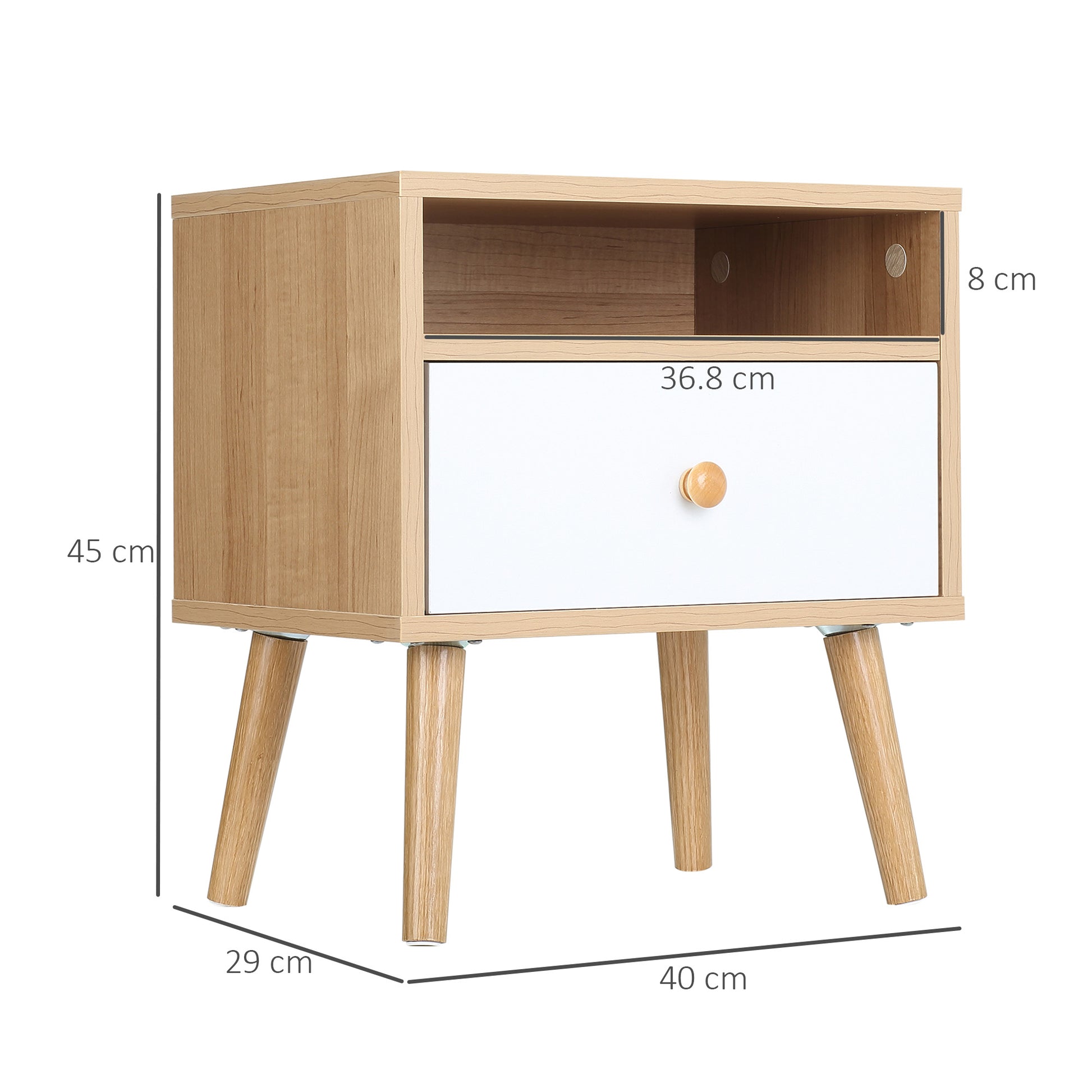 HOMCOM Bedside Table, Bedside Cabinet with Drawer and Shelf, Modern Nightstand, End Table for Living Room, Bedroom, Set of 2, Natural