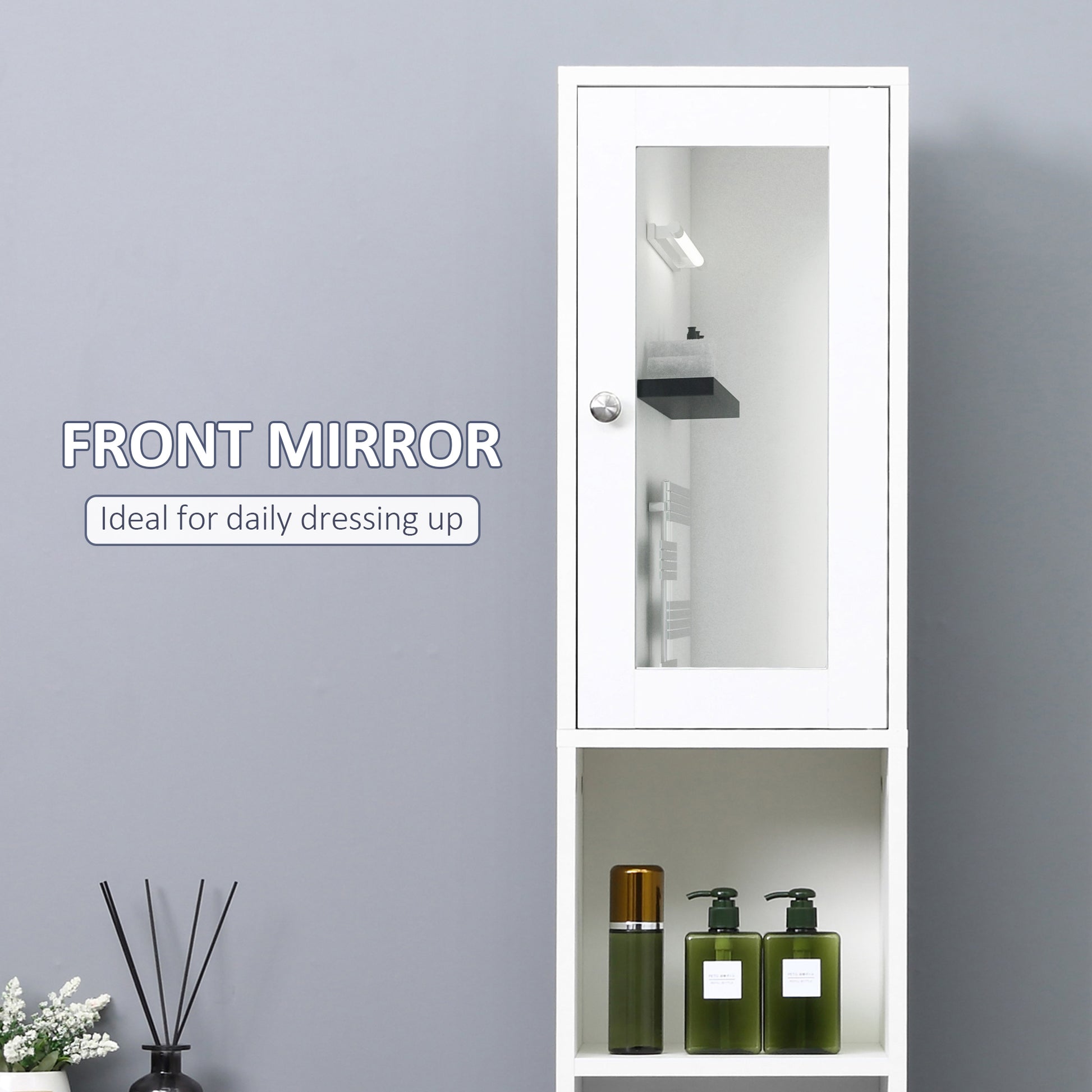 HOMCOM Tall Bathroom Storage Cabinet with Mirror, Freestanding Floor Cabinet Tallboy Unit with Adjustable Shelves, White