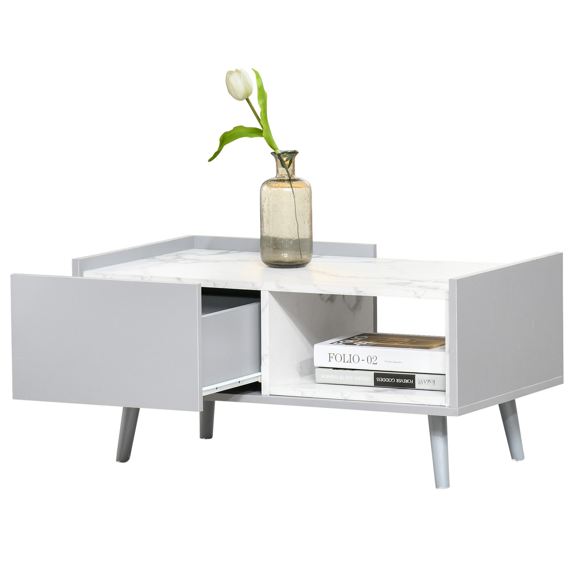 HOMCOM Two-Tone Coffee Table | Duo Storage Side Storage Furniture | Modern Marble Effect w/ Shelf Drawer Table Top Wood Legs Grey - White