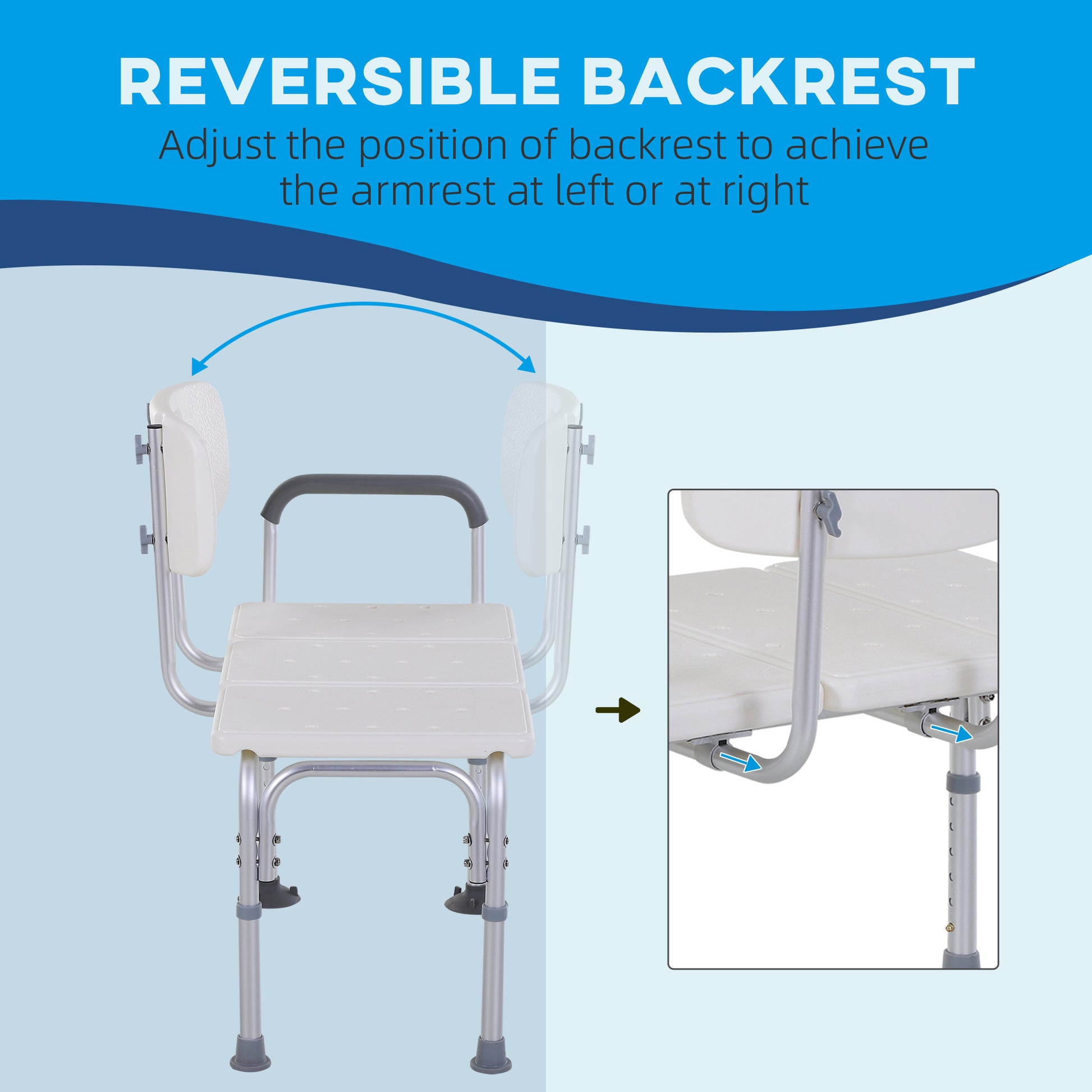 HOMCOM Height Adjustable Shower Chair, Non Slip Bath Transfer Bench for Elderly, Disabled with Armrest and Backrest, 300 lbs Capacity, White