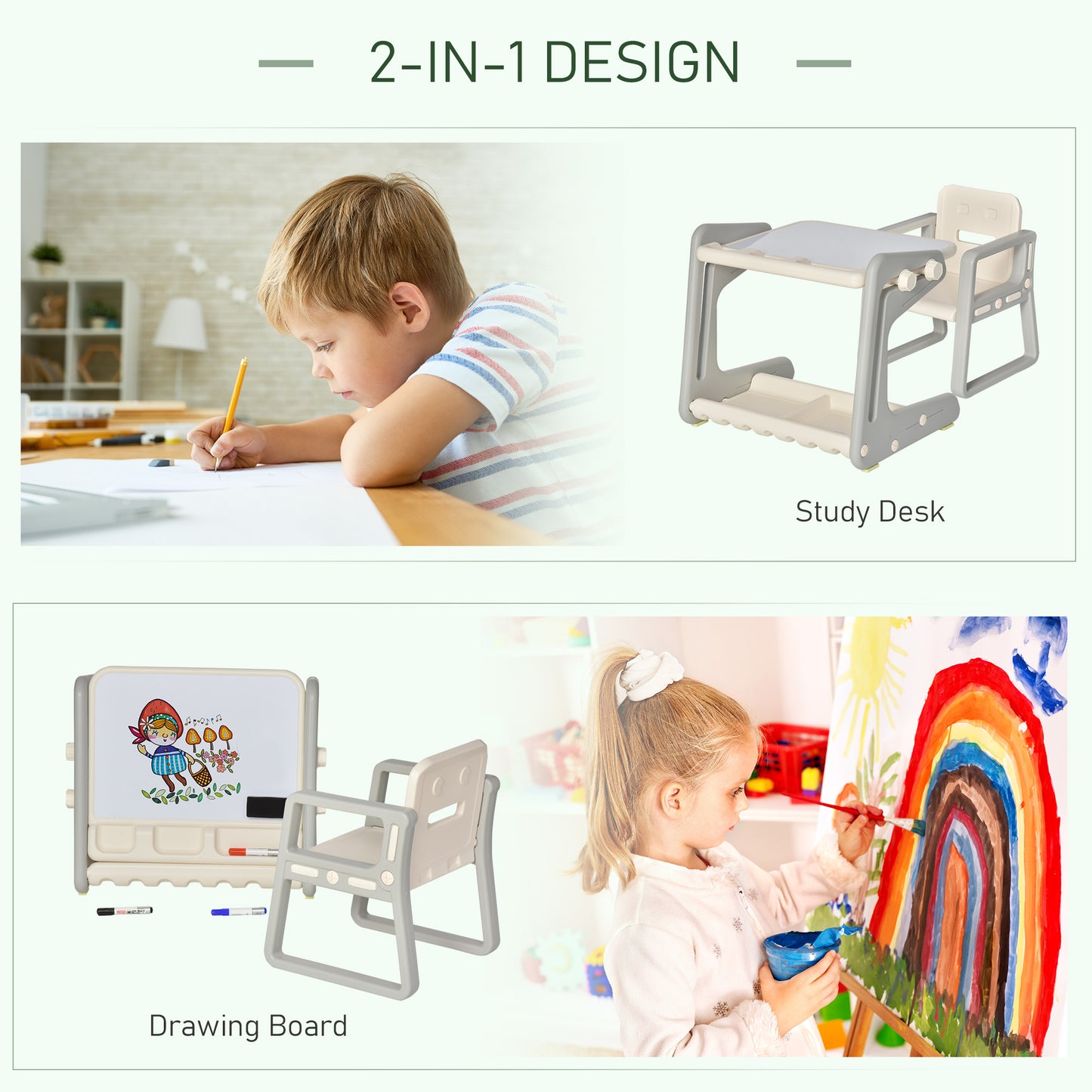 HOMCOM Kids Study Table and Chair Set 2-In-1 Design Drawing Board Writing Desk with Whiteboard Pens Eraser Storage Tray Toddlers Grey/White