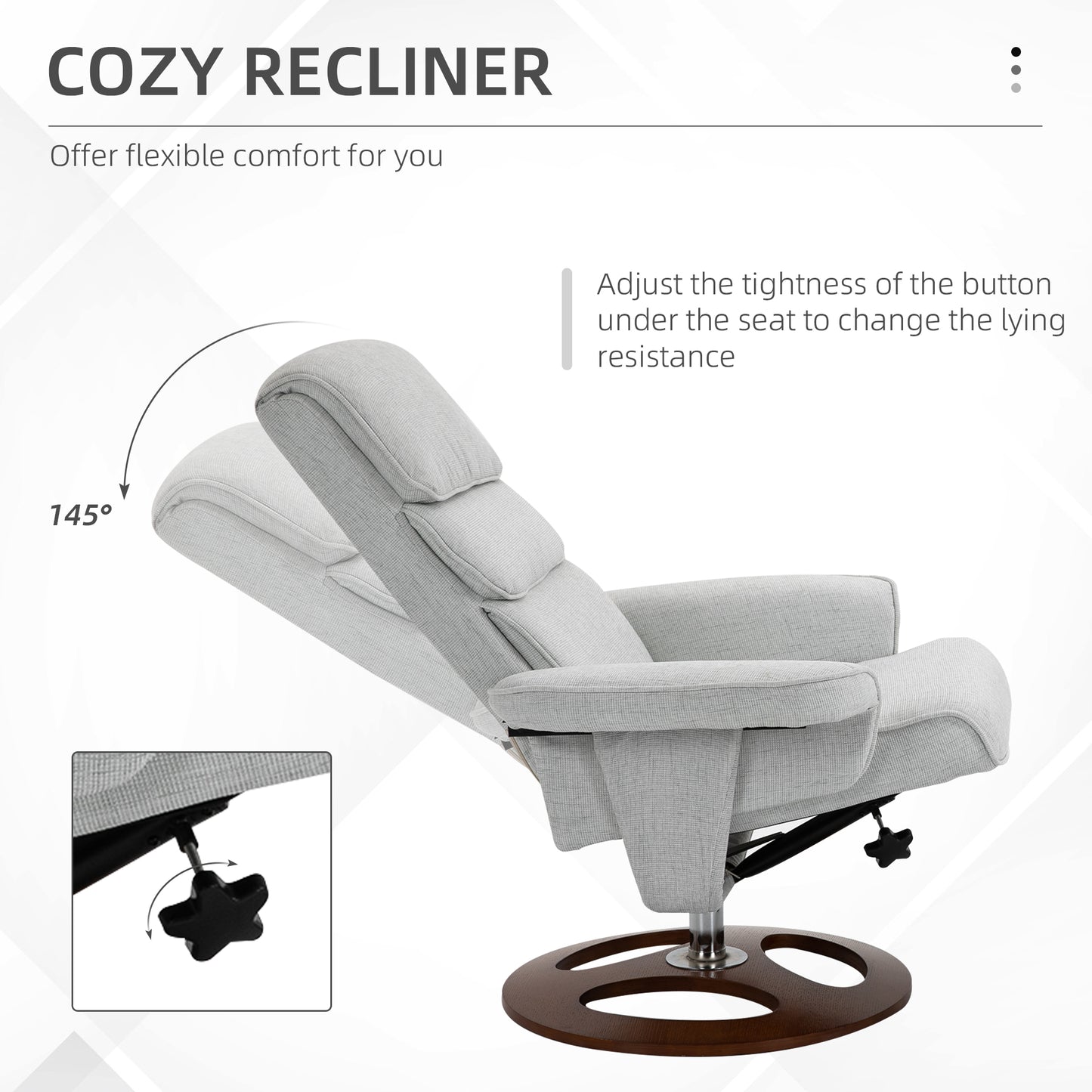 HOMCOM Recliner Chair Ottoman Set 360° Swivel Sofa Stool Modern Soft Thick Padding Wood Base Grey