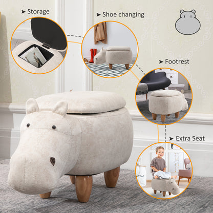 HOMCOM Hippo Storage Stool Cute Decoration Footrest Wood Frame Legs with Padding Lid Ottoman Animal Furniture Cream 36 x 65cm