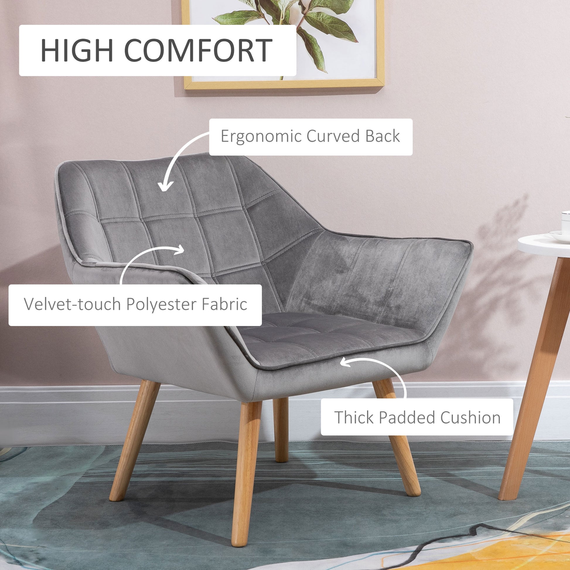 HOMCOM Armchair Accent Chair Wide Arms Slanted Back Padding Iron Frame Wooden Legs Home Bedroom Furniture Seating Set of 2 Grey