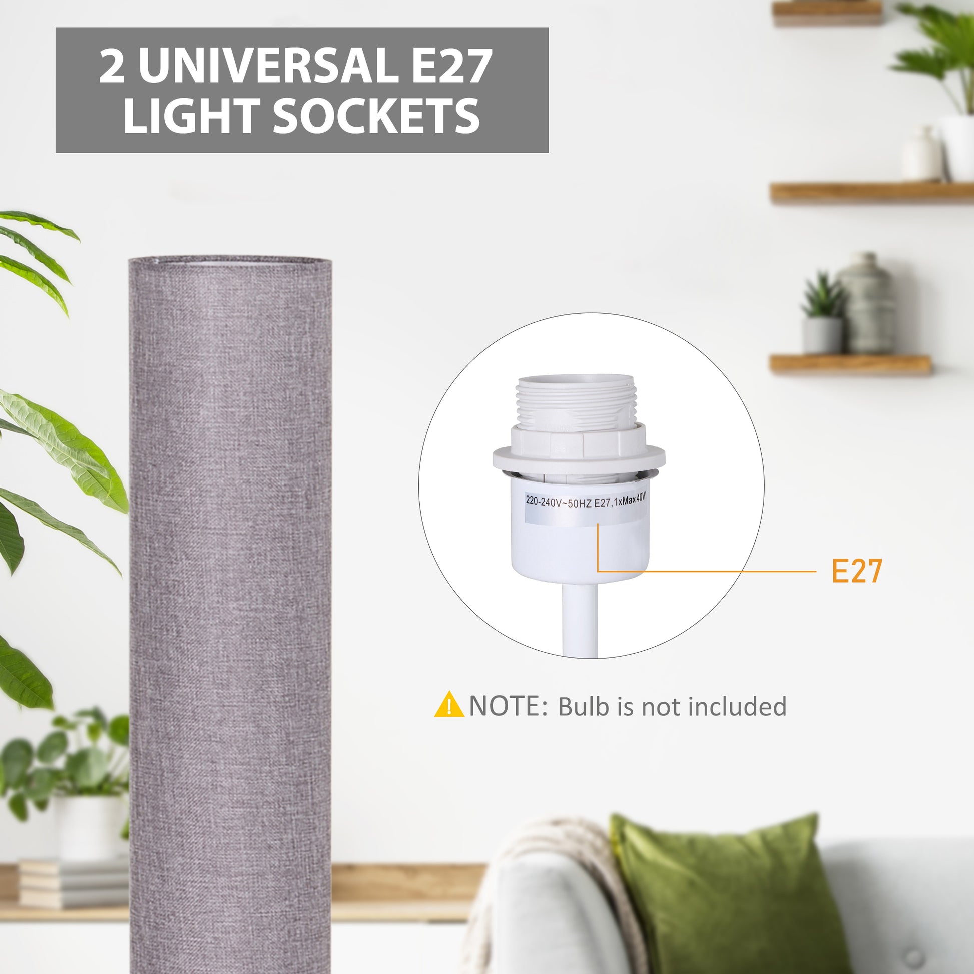 HOMCOM 120H cm Wooden Base Fabric Floor Lamp with Linen Fabric, Grey