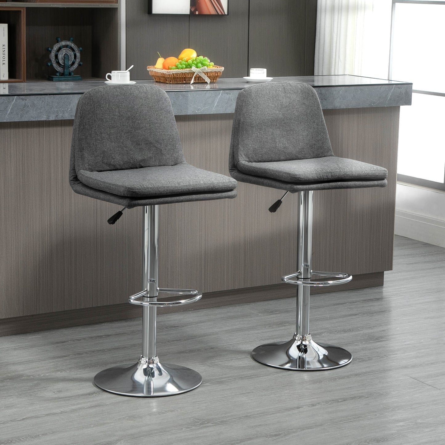 HOMCOM Morden Bar Stools Set of 2, Swivel Fabric Breakfast Barstools, Adjustable Kitchen Stools with Backs, Footrest for Home Pub Area, Grey