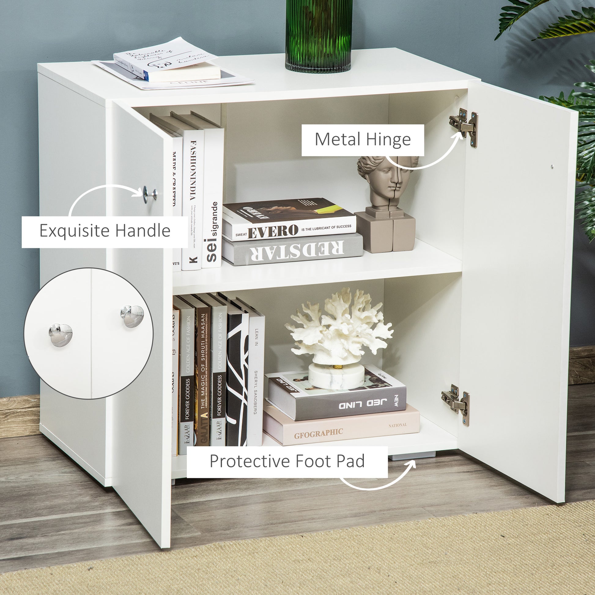 HOMCOM Storage Cabinet with 2 Shelves and Doors, Wooden Sideboard, Freestanding Kitchen Cupboard, Bookcase for Living Room, Hallway and Kitchen, White