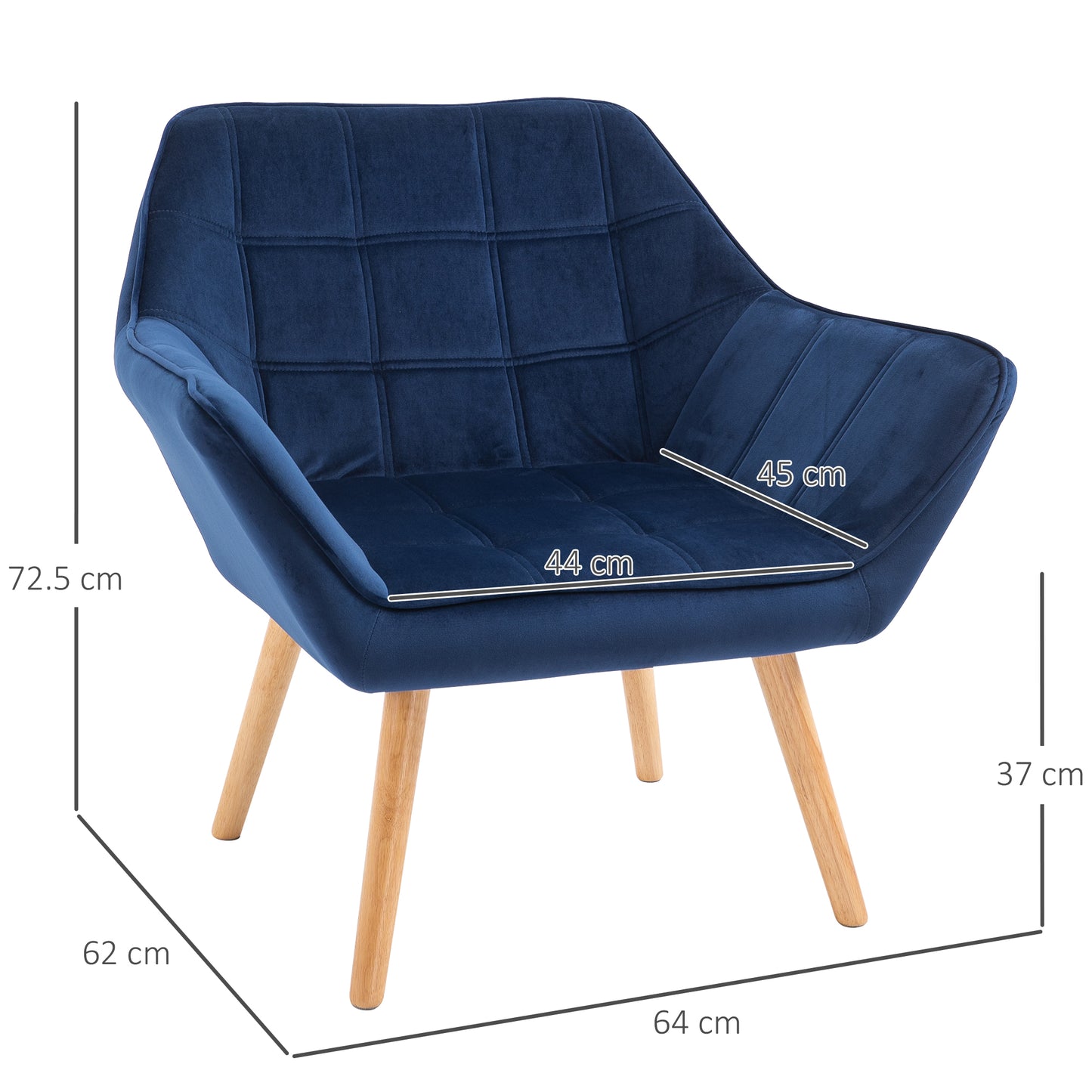 HOMCOM Armchair Accent Chair Wide Arms Slanted Back Padding Iron Frame Wooden Legs Home Bedroom Furniture Seating Set of 2 Blue