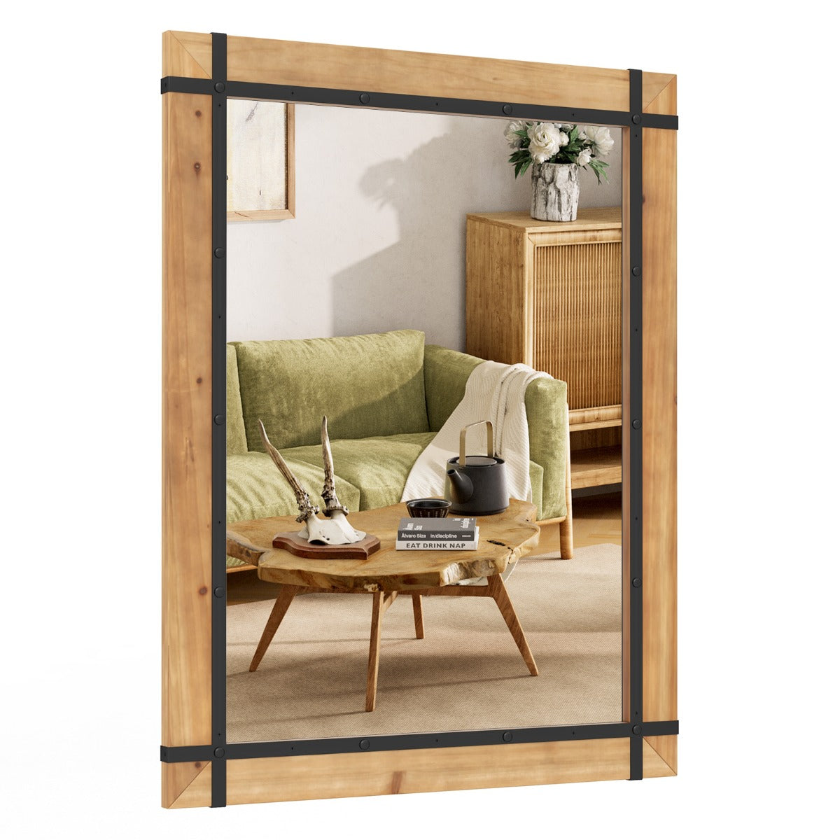 Decorative Wall Mirror with Fir Wood Frame and Farmhouse Finish-Natural