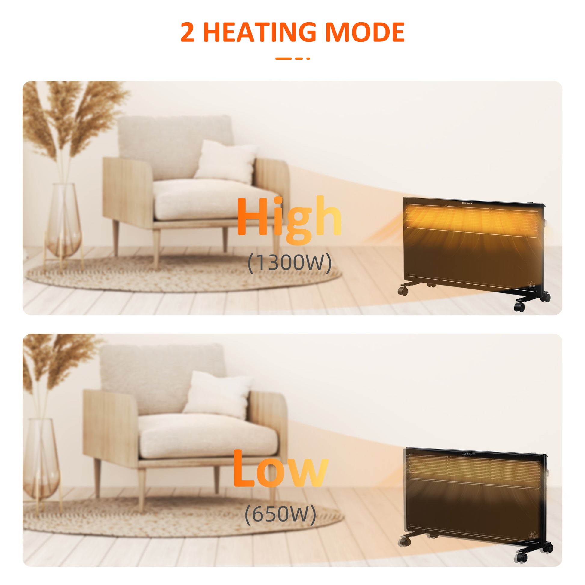 HOMCOM Convector Radiator Heater Freestanding or Wall-mounted Portable Electric Heating with 2 Heat Settings, Adjustable Thermostat and Safety Cut-Off