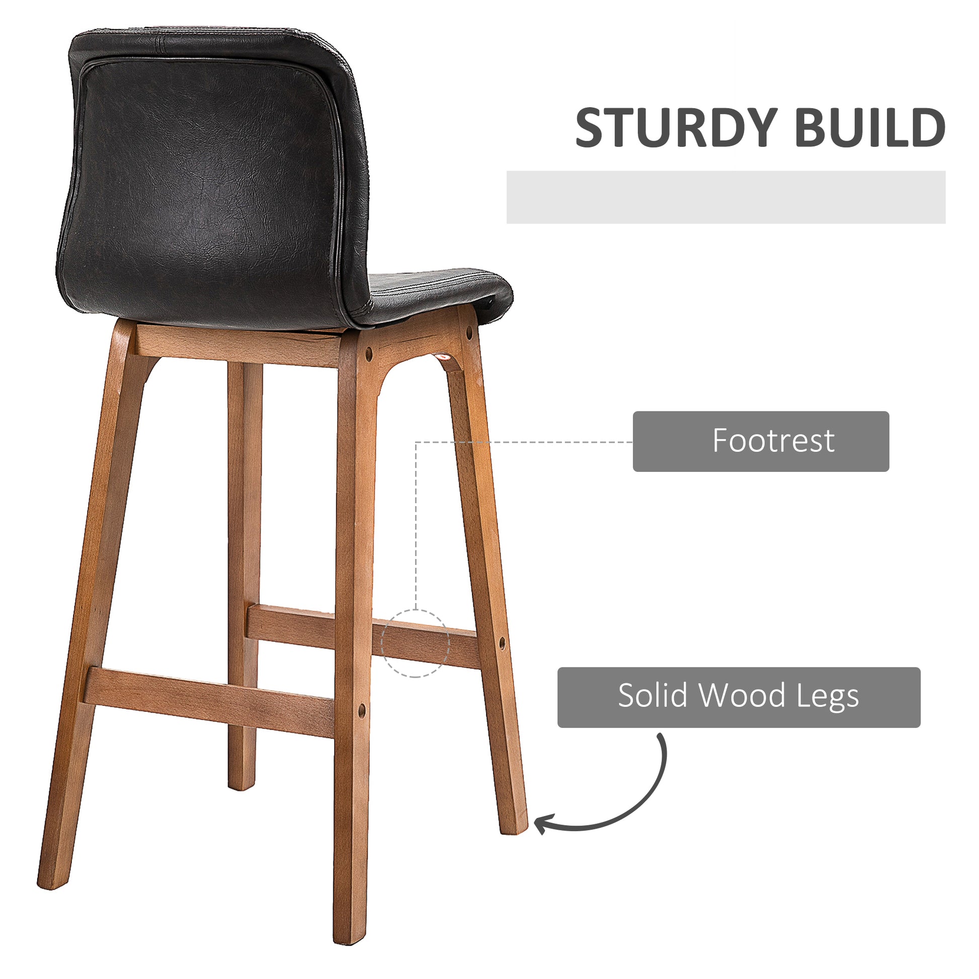 HOMCOM Modern Bar Stools Set of 2, PU Leather Upholstered Bar Chairs with Wooden Frame, Footrest for Home Bar, Dining Room