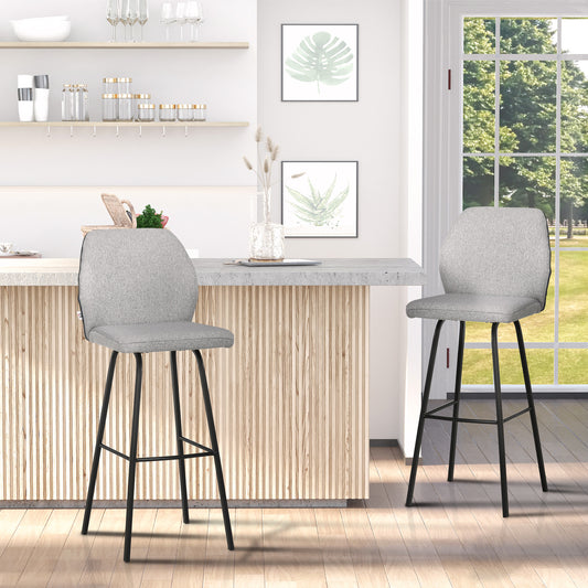 HOMCOM Bar Stools Set of 2, Linen-Touch Upholstered Bar Chairs, Kitchen Stools with Backs and Steel Legs, Light Grey