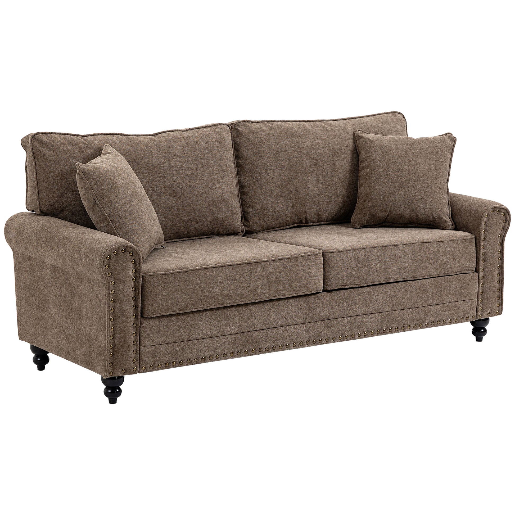 HOMCOM 2 Seater Sofas for Living Room, Fabric Sofa with Nailhead Trim, Loveseat with Cushions and Throw Pillows, Brown