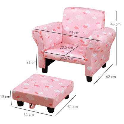 HOMCOM Kids Children Armchair Mini Sofa Wood Frame w/ Footrest Anti-Slip Legs High Back Arms Bedroom Playroom Furniture Cute Cloud Star Pink