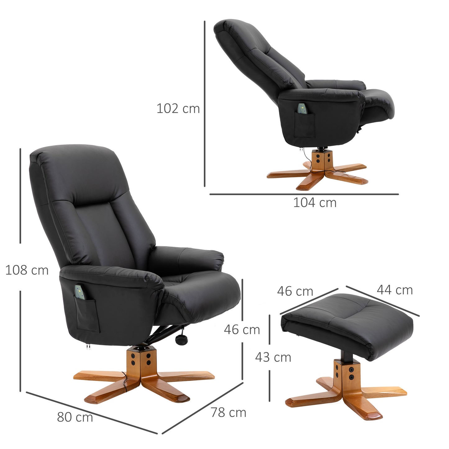 HOMCOM 10-Point Massage Sofa Armchair Chair PU Leather W/ Footrest Stool Heat Recliner Black