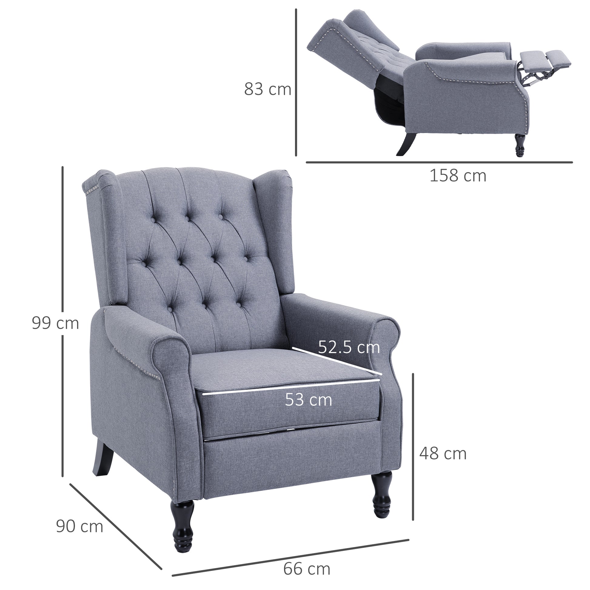 HOMCOM Recliner Armchair for Living Room, Reclining Chair, Wingback Chair with Button Tufted Back and Footrest, Light Grey