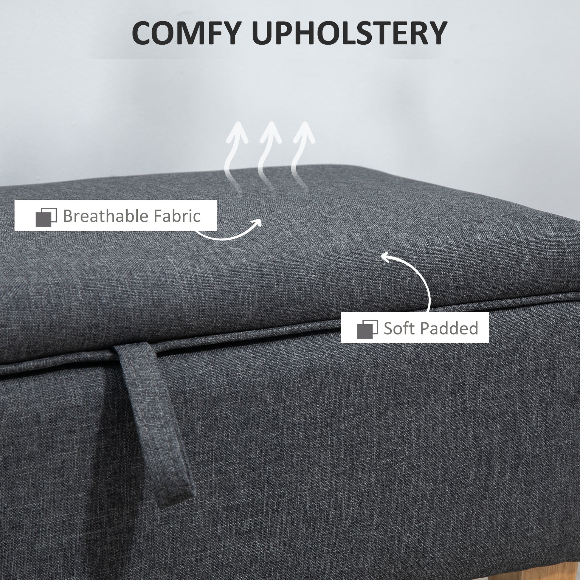 HOMCOM Linen Storage Ottoman Padded Footstool with Rubberwood Legs Ideal for Bed End, Shoe Bench, Seating, Dark Grey