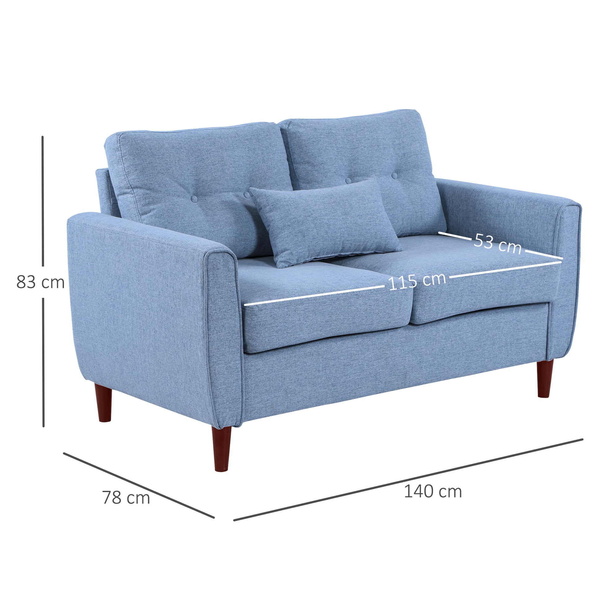 HOMCOM 2 Seat Sofa Double Sofa Loveseat Fabric Wooden Legs Tufted Design for Living Room, Dining Room, Office, Light Blue