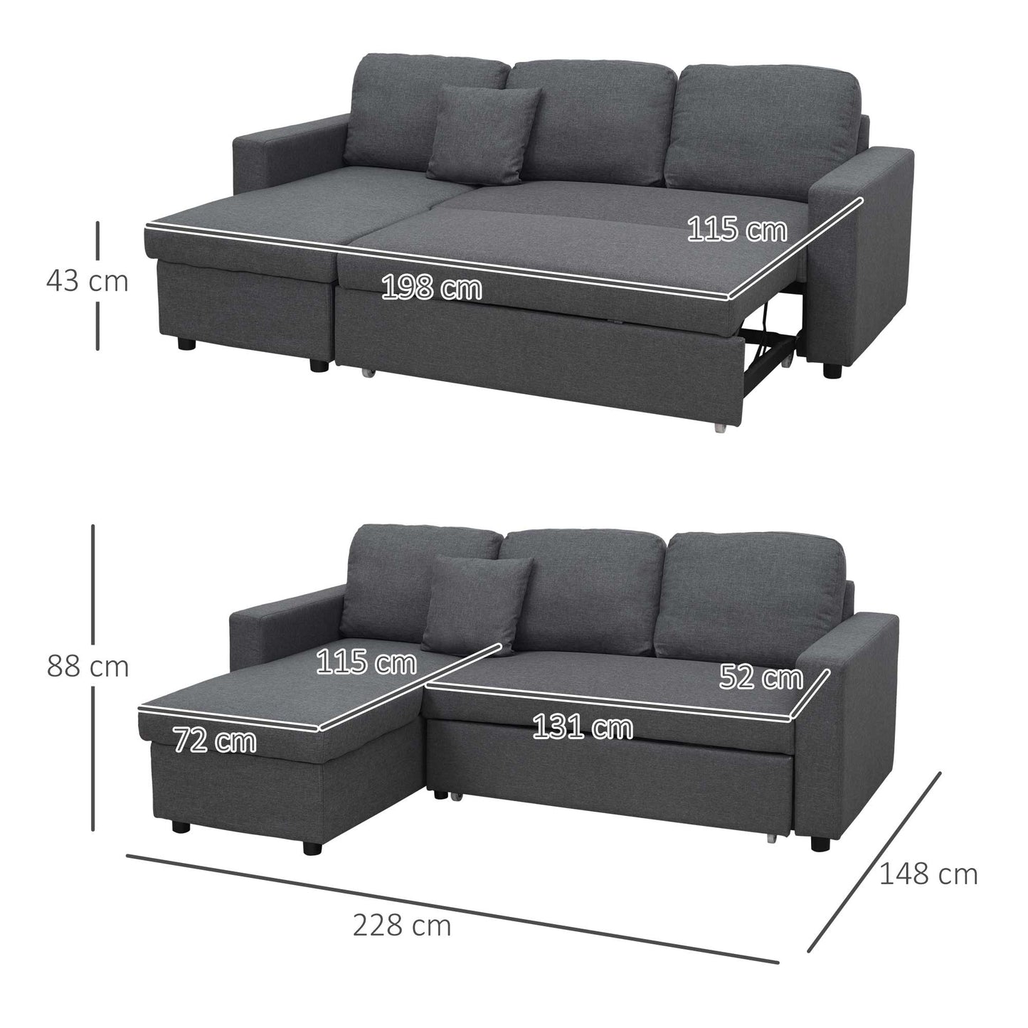 HOMCOM 3 Seater Corner Sofa Bed with Storage, L Couches for Living Room with Chaise Lounge, Double Sofa, Grey