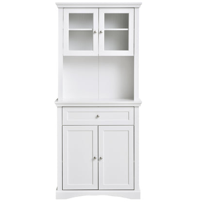 HOMCOM Kitchen Cupboard, Freestanding Storage Cabinet with Glass Doors, Adjustable Shelves, and Open Counter, White