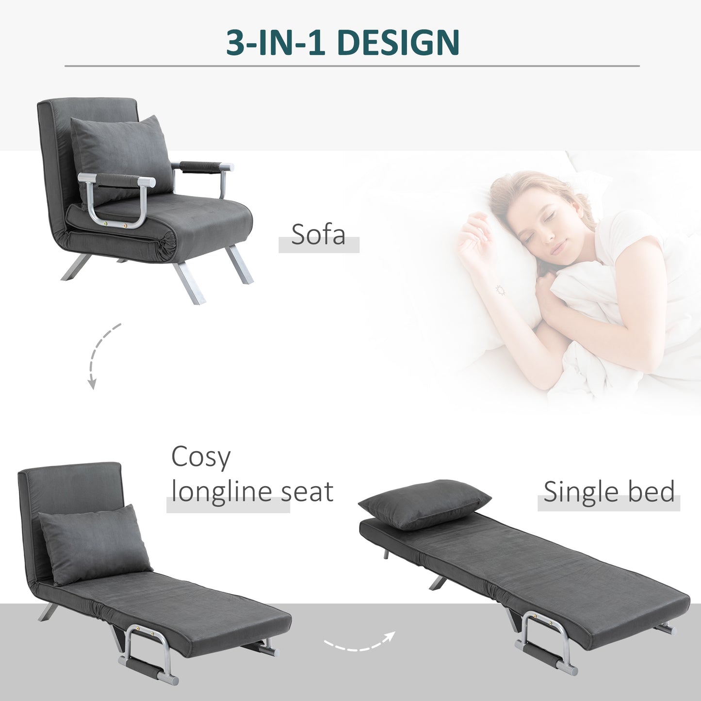 HOMCOM 2-In-1 Design Single Sofa Bed Sleeper, Foldable Armchair Bed Lounge Couch w/ Pillow, Dark Grey