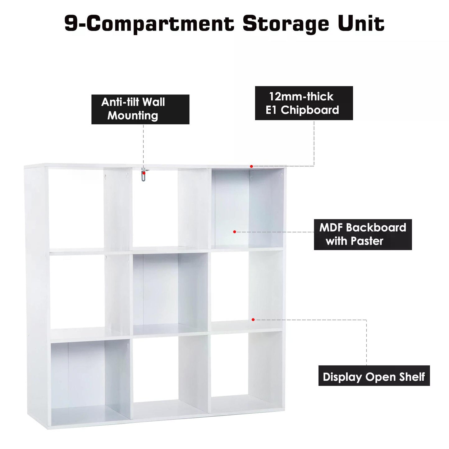 HOMCOM Wooden 9 Cube Storage Unit w/3 Tier Shelves Organiser Display Rack Living Room Bedroom Furniture - White