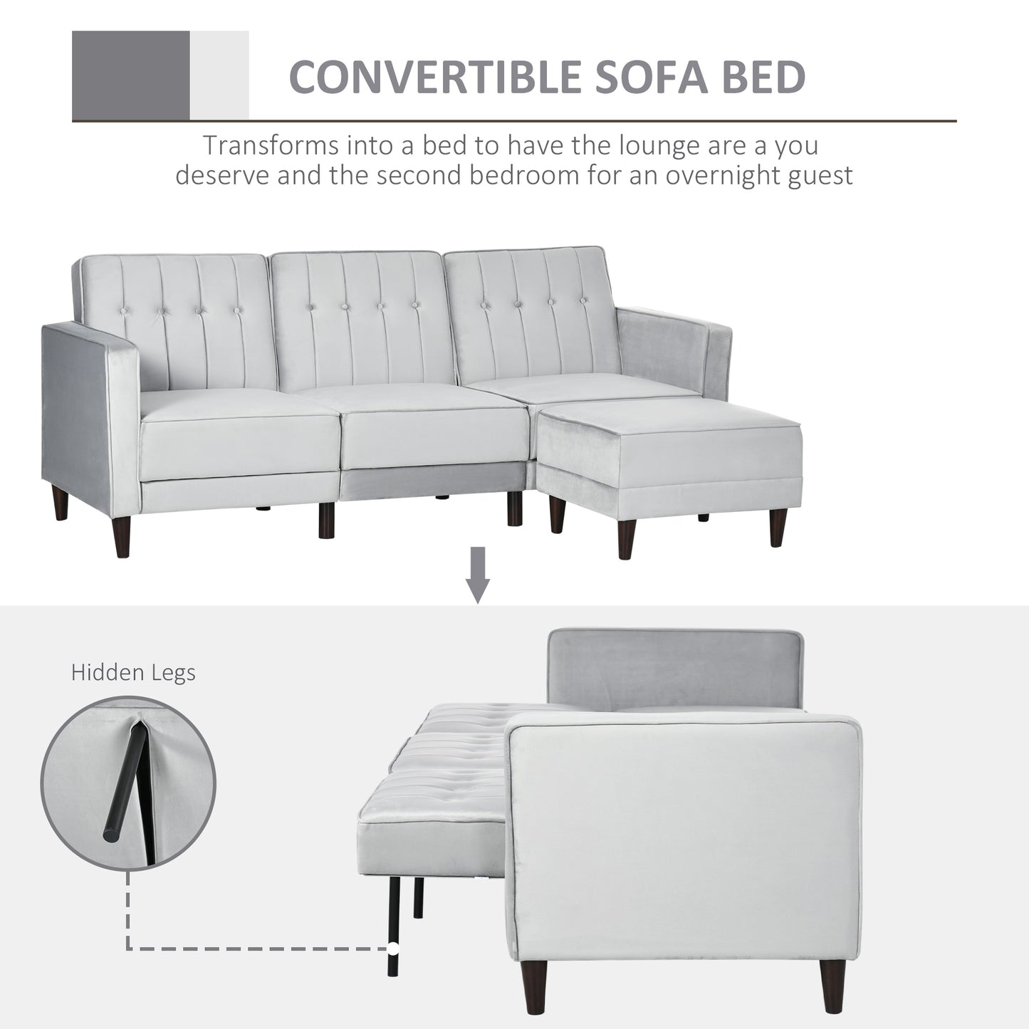 HOMCOM L Shape Sofa Bed Set with 3-Seater Sofa and Footstool, Corner Sofa Bed with Ottoman, Light Grey