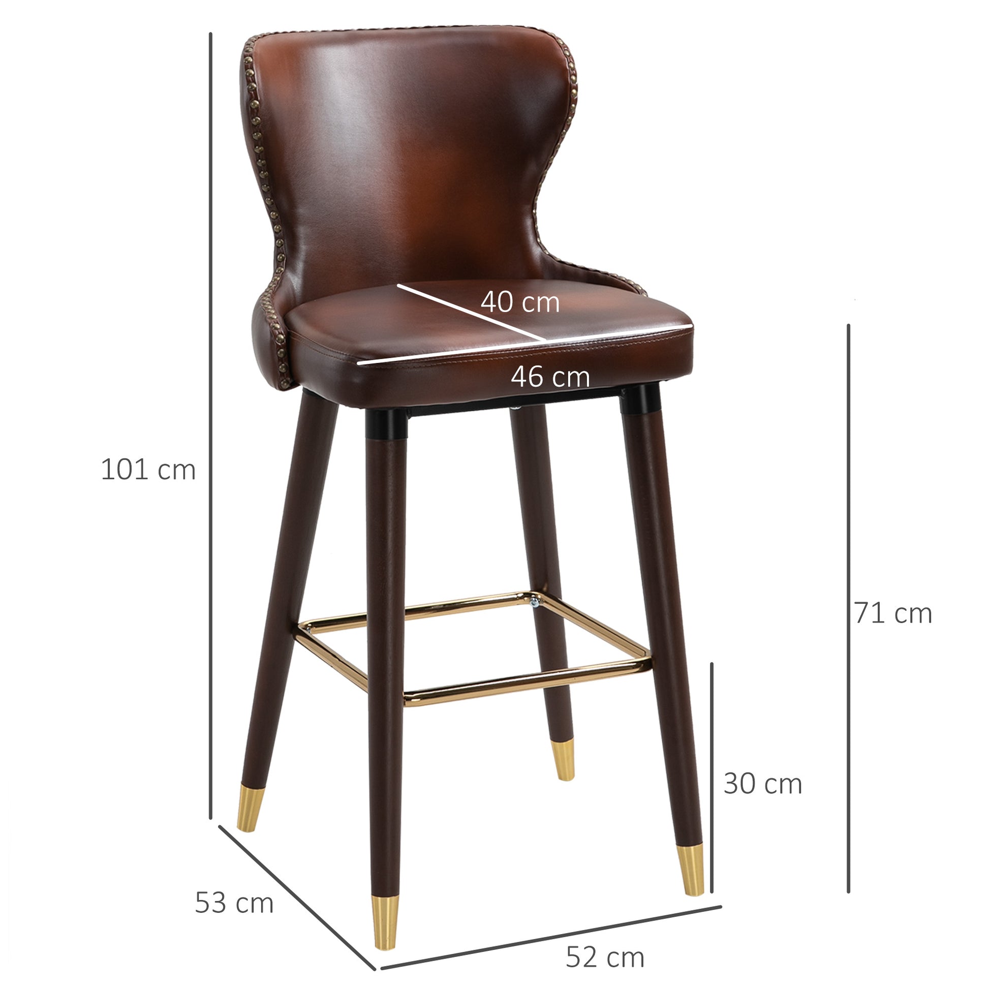 HOMCOM Bar Stools Set of 2, PU Leather Vintage Counter-Height Bar Chair, Luxury European Style Kitchen Stools with Back, Brown