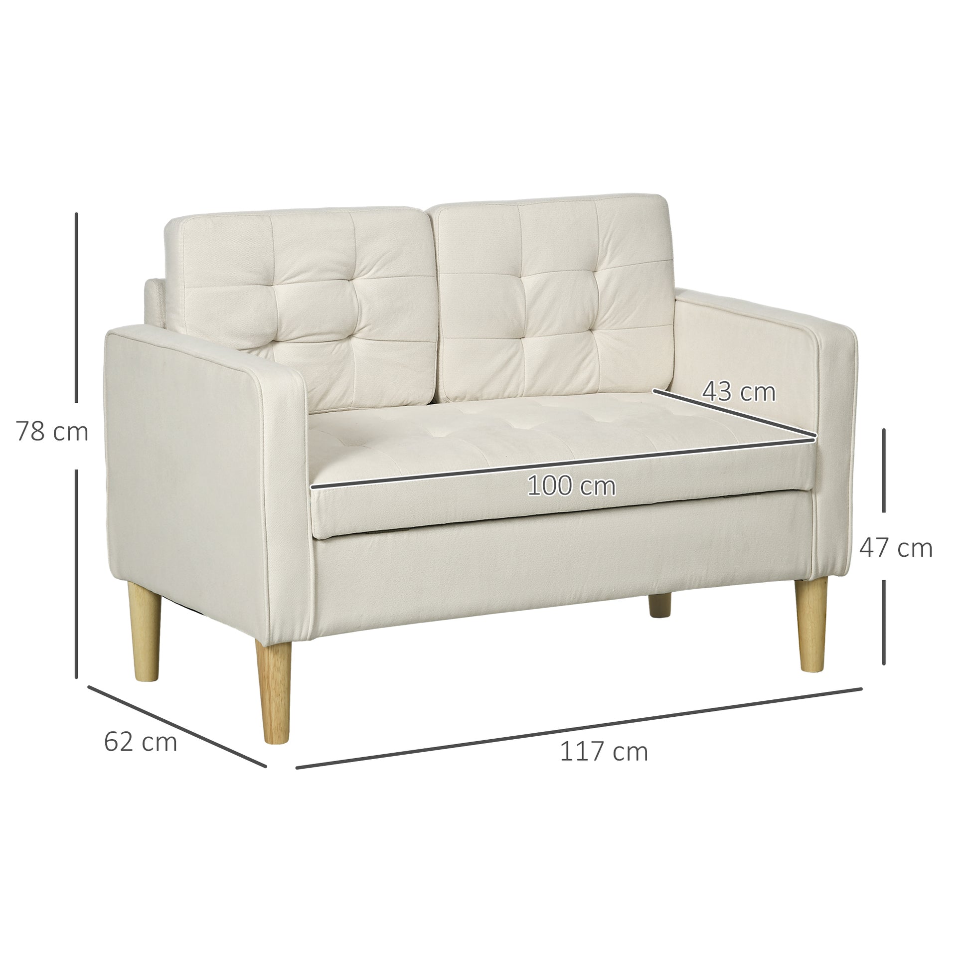 HOMCOM Modern Loveseat Sofa, Compact 2 Seater Sofa with Hidden Storage, 117cm Tufted Cotton Couch with Wood Legs, Cream White