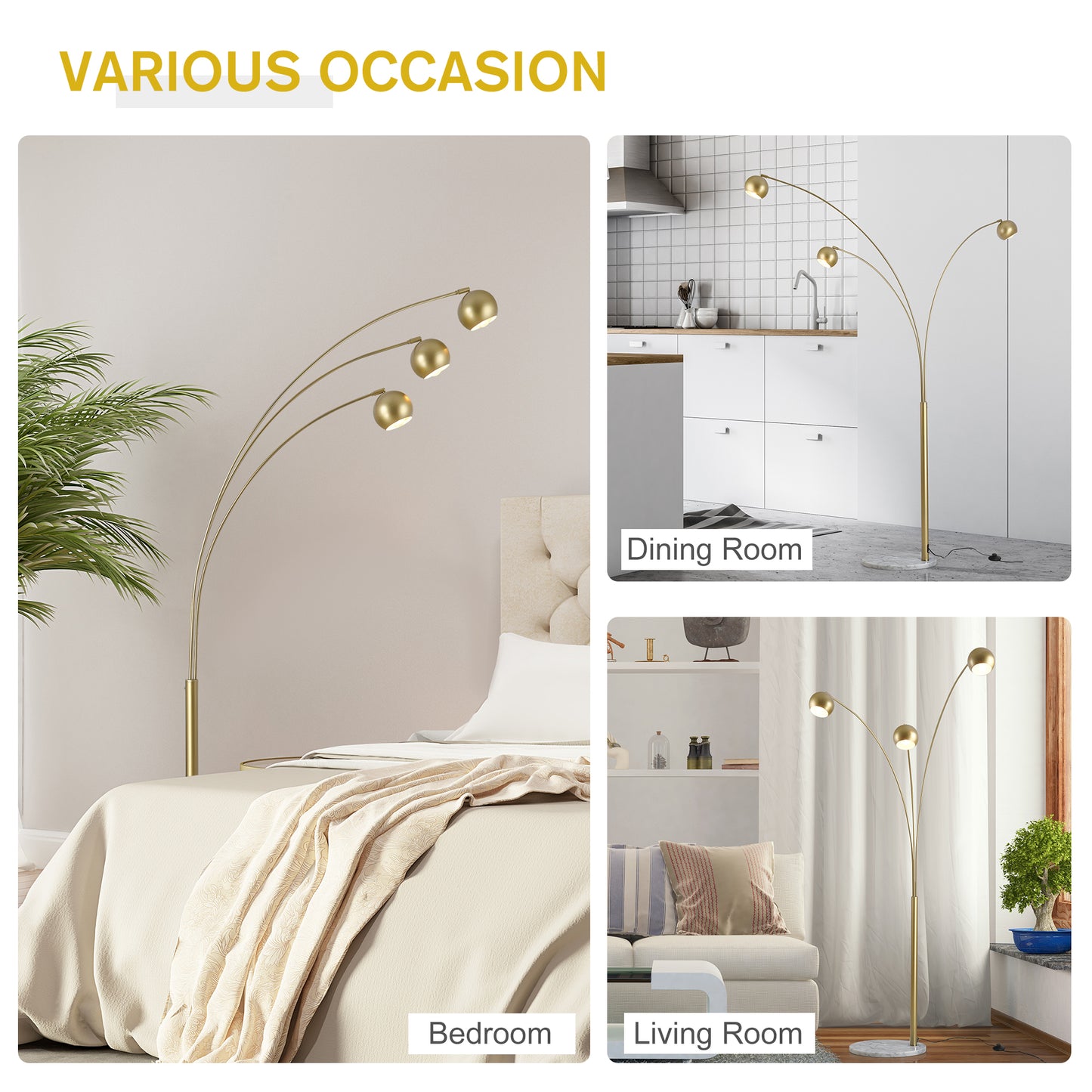 HOMCOM 3-Branch Futuristic Floor Lamp Metal Frame Multi-Light Shade Adjustable Rotating w/ Marble Base, 198cm, Gold