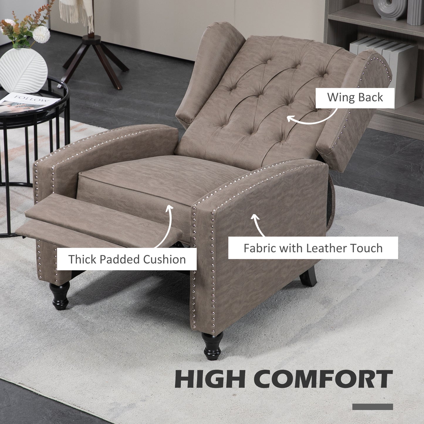 HOMCOM Studded Upholstered Reclining Armchair w/ Retractable Footrest Brown