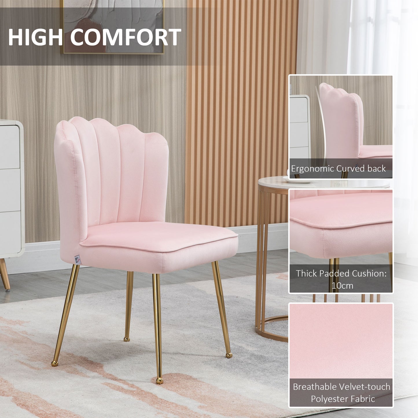 HOMCOM Shell Luxe Velvet Accent Chair, Modern Living Room Chair with Gold Metal Legs for Living Room, Bedroom, Home Office, Set of 2, Pink