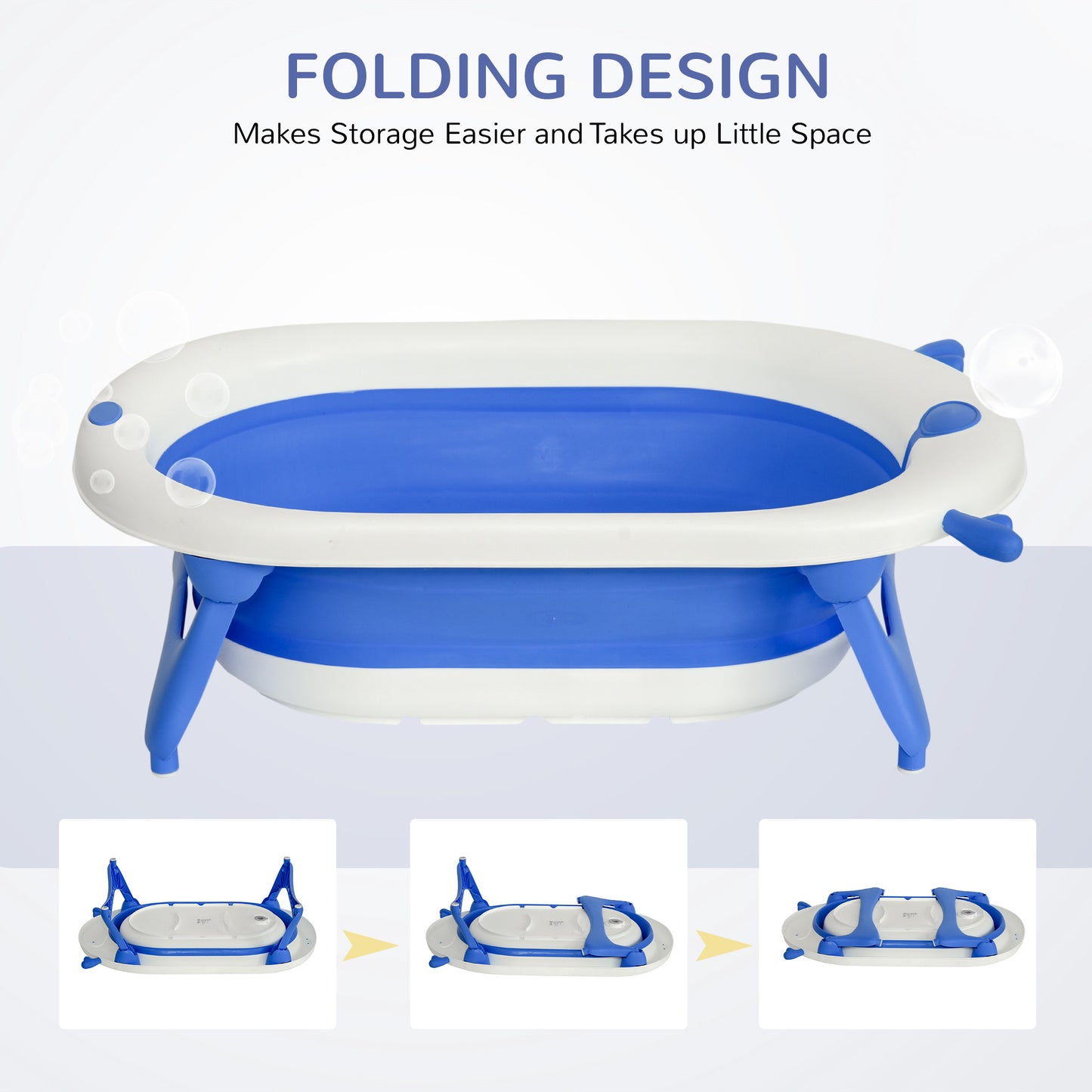 HOMCOM Collapsible Baby Bath Tub Foldable Ergonomic w/ Cushion Temperature Sensitive Water Plug Non-Slip Support Leg Portable for 0-3 Years, Blue