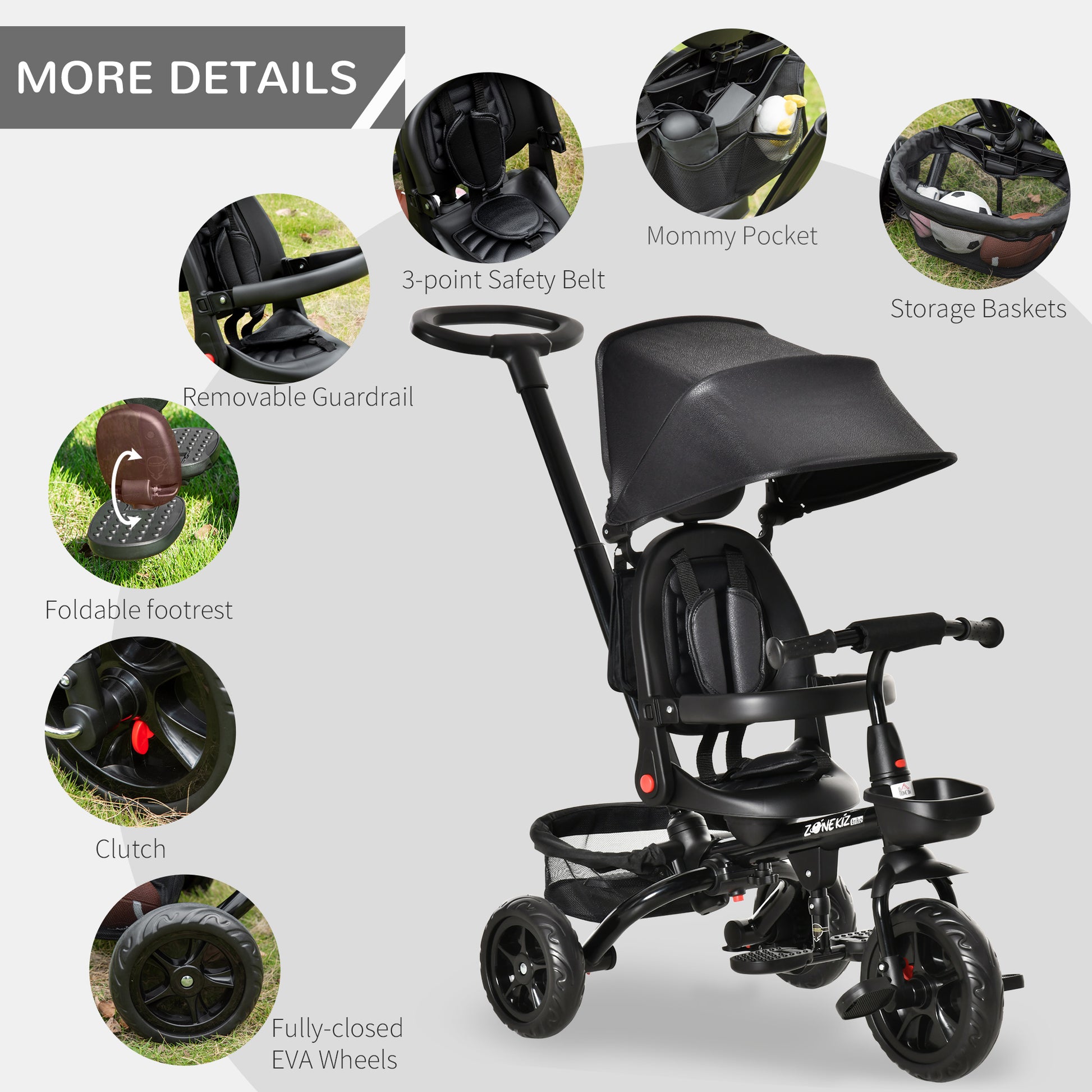 HOMCOM 4 in 1 Baby Tricycle Toddler Stroller Foldable Pedal Tricycle w/ Reversible Angle Adjustable Seat Removable for 1-5 Years - Black