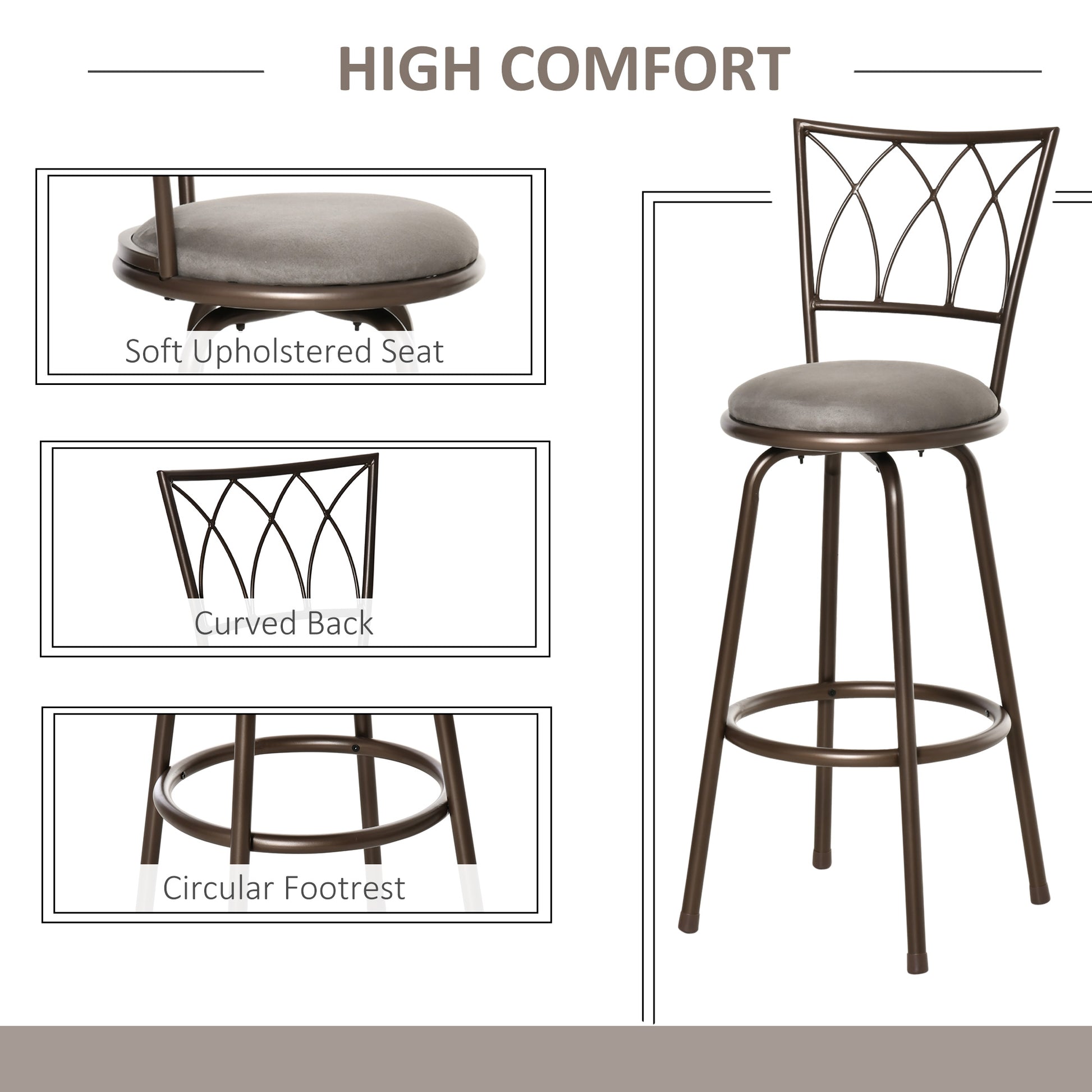 HOMCOM Set of 2 Bar Chairs Swivel Armless Upholstered Metal Frame Barstools with Backrest & Footrest, Bronze