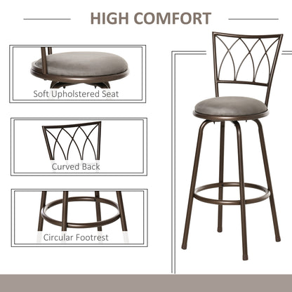 HOMCOM Set of 2 Bar Chairs Swivel Armless Upholstered Metal Frame Barstools with Backrest & Footrest, Bronze