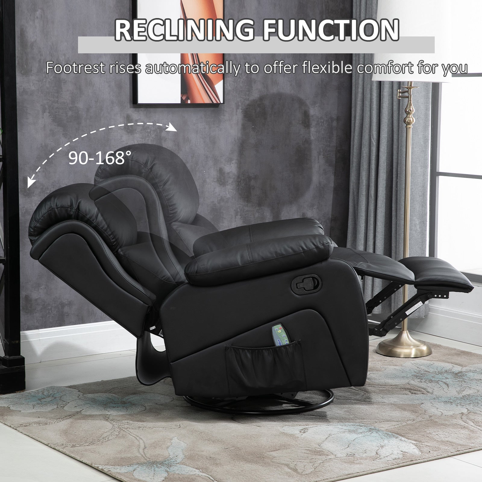 HOMCOM PU Leather Reclining Chair with 8 Massage Points and Heat, Manual Recliner with Swivel Base, Footrest and Remote, Black