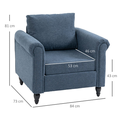 HOMCOM Vintage Accent Chair, Tufted Upholstered Lounge Armchair Single Sofa Chair with Rubber Wood Legs, Rolled Arms, Dark Blue