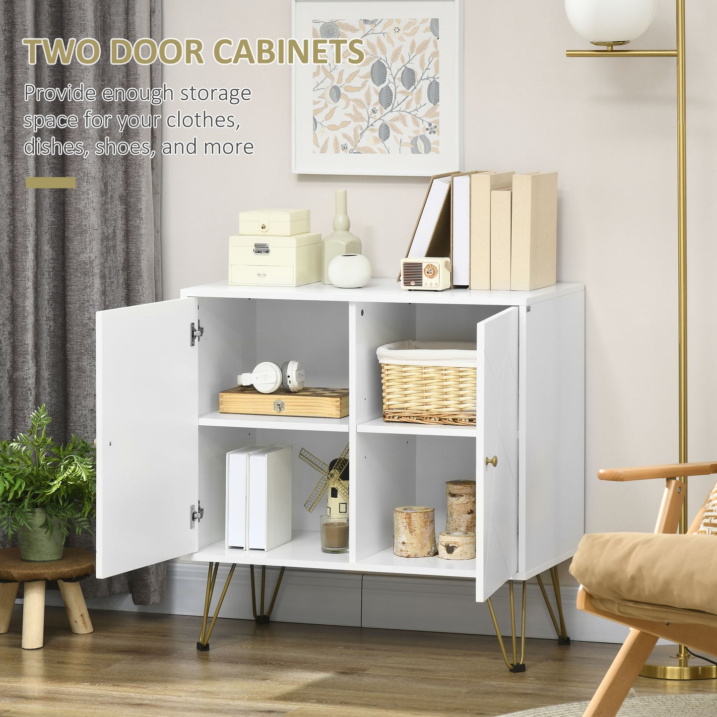 HOMCOM Storage Cabinet Slim Sideboard with Golden Hairpin Legs Adjustable Shelves for Living Room Dining Room Hallway White