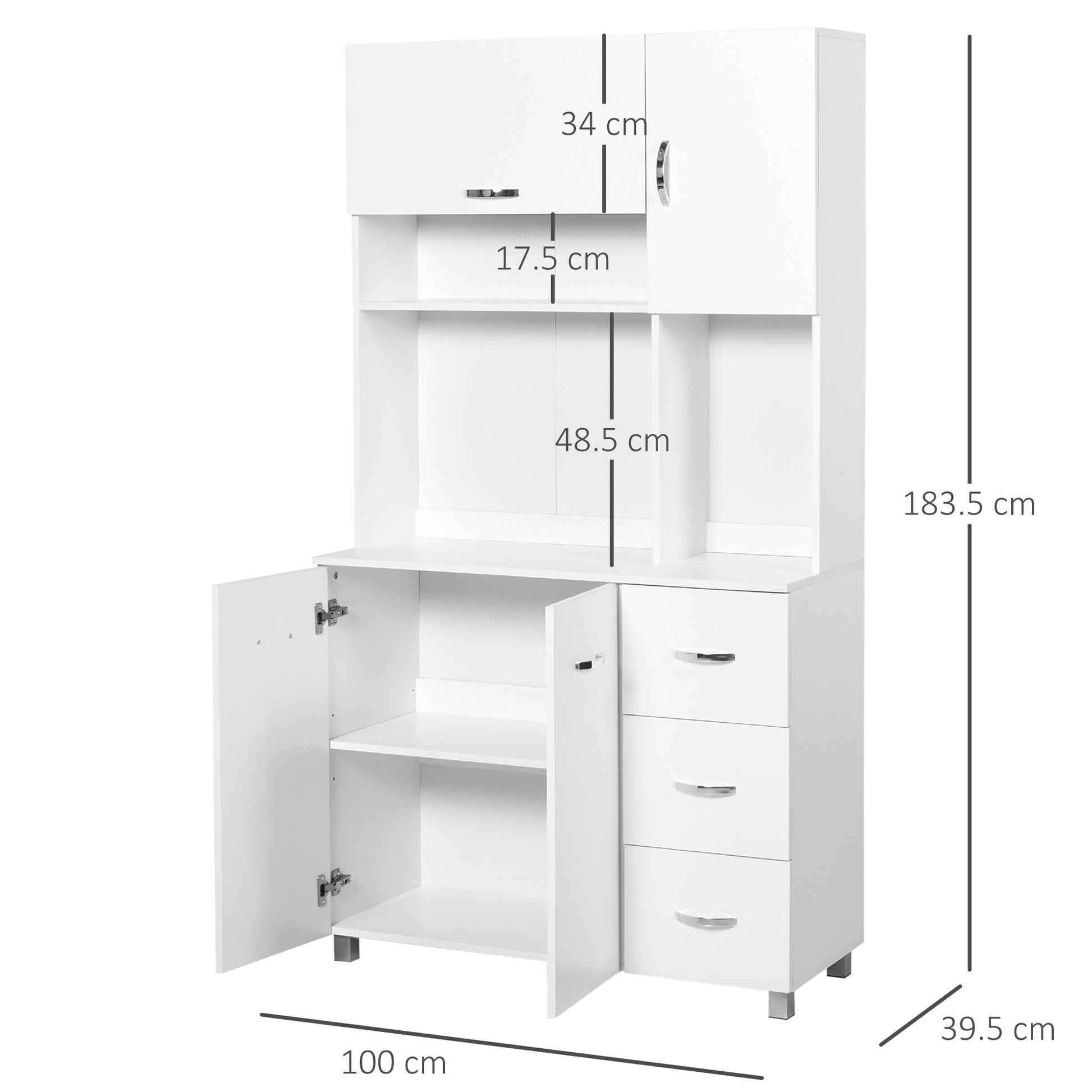 HOMCOM Freestanding Kitchen Storage Unit w/ Cupboard Cabinets Open Compartments Drawers Metal Handles Side Shelf Server Organisation Furniture White