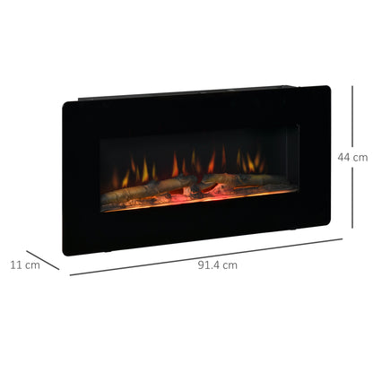 HOMCOM Electric Wall-Mounted Fireplace Heater with Adjustable Flame Effect, Remote Control, Timer, 1800/2000W, Black