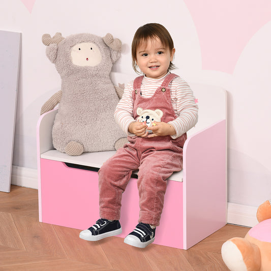 HOMCOM Kids Wooden Toy Storage Chest Chair 2 in 1 Design with Gas Stay Bar Safety Hinges Lid 60 x 30 x 50cm Pink