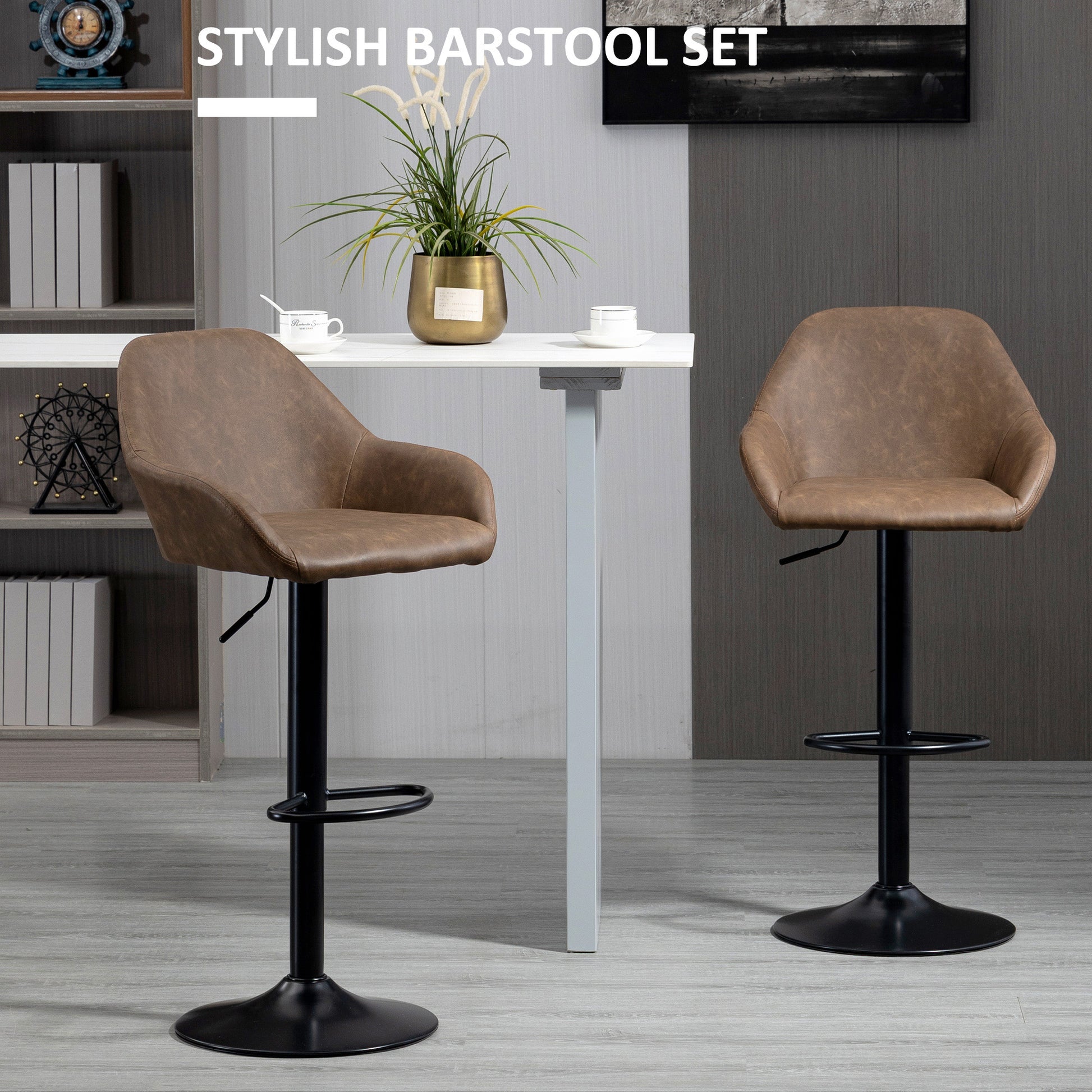 HOMCOM Adjustable Bar Stools Set of 2, Swivel Barstools with Footrest and Backrest, PU Leather Steel Base, for Kitchen Counter Dining Room Dark Brown