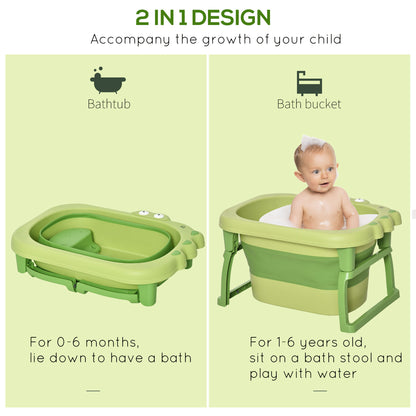 HOMCOM Baby Bath Tub for 0-6 Years Collapsible Non-Slip Portable with Stool Seat for Newborns Infants Toddlers Kids Crocodile Shape Green