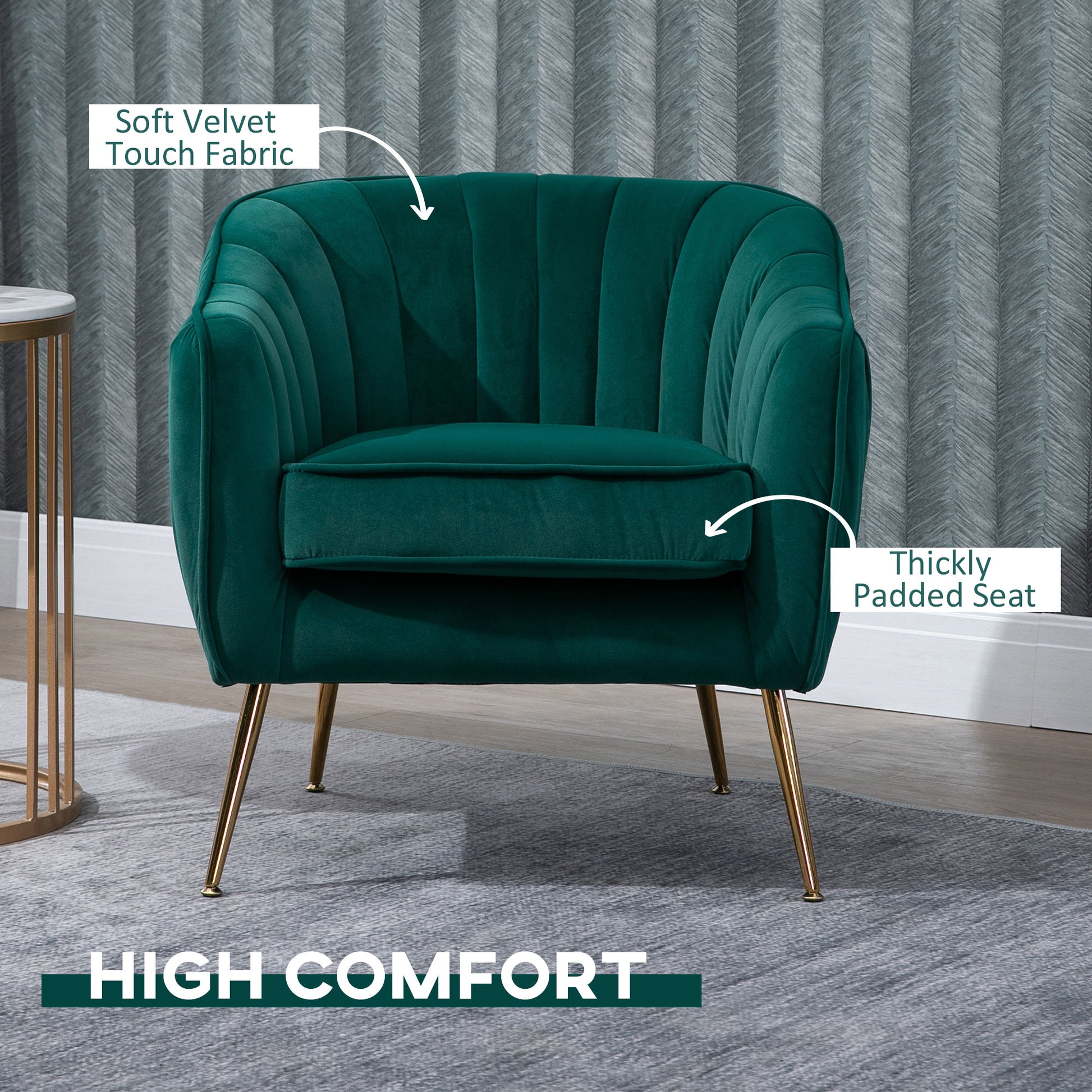 HOMCOM Velvet-Feel Tub Armchair, with Gold Tone Legs - Green