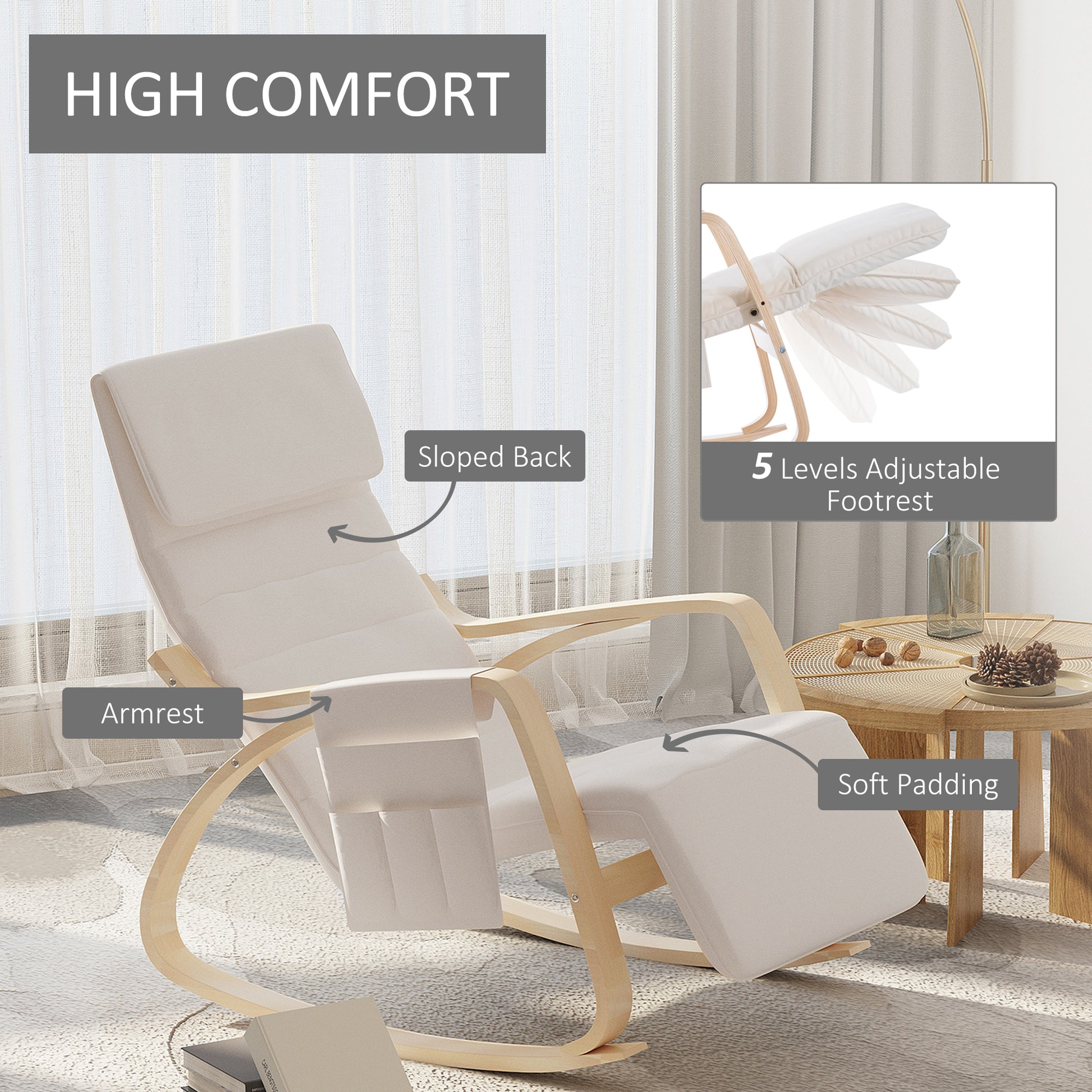 HOMCOM Rocking Lounge Chair Recliner Relaxation Lounging Relaxing Seat with Adjustable Footrest, Side Pocket and Pillow, Cream White