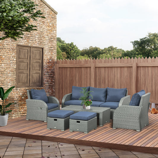 Outsunny 6pc Outdoor Rattan Wicker Furniture Set with 3-Seat Sofa, 2 Single Sofas, 2 Footstools and Coffee Table Blue