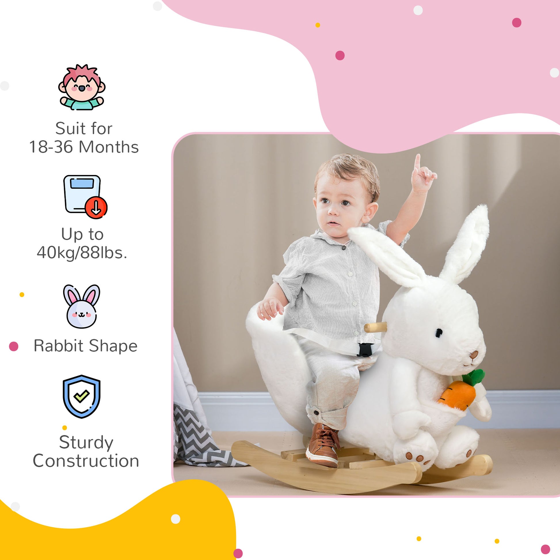 HOMCOM Kids Rocking Horse, Plush Rocking Chair Rabbit Shape w/ Safety Harness, Realistic Sound, Foot Pedals, for Toddler Aged 18-36 Months, White