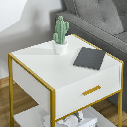 HOMCOM Modern Bedside Table, Bedside Cabinet with Drawer Shelf, Storage Organizer for Bedroom, Living Room, White and Gold